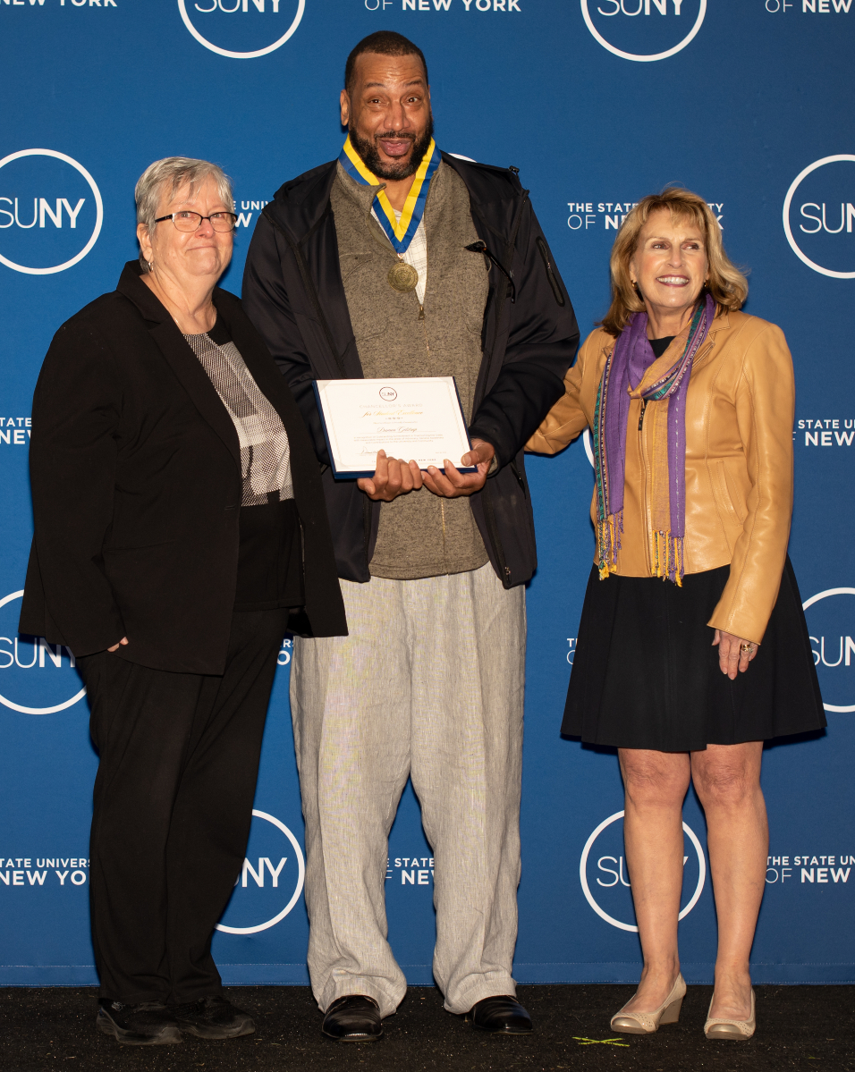 Gilstrap received the SUNY Chancellor's Award for Overcoming the Odds April 26 in Albany. He's pictured with (left) OCC President Dr. Casey Crabill and (right) SUNY Interim Chancellor Deborah Stanley.