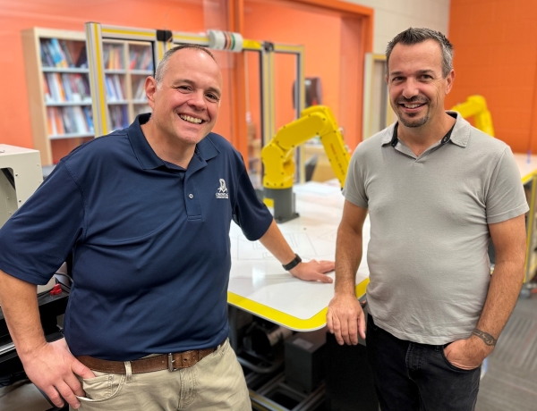 Professors Gino Duca (left) and Mike Grieb (right) have helped bring classes in OCC's Micron-related Electromechanical Technology degree program into area high schools.