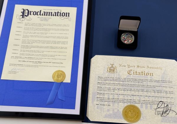 The Office of Veterans and Military Services was presented with a proclamation from the office of the Onondaga County Executive, a citation from the new York State Assembly, and a military challenge coin.