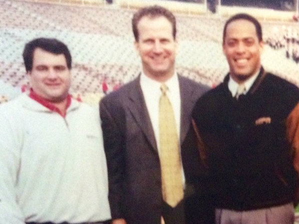 While directing college football telecasts DelVecchio (left) worked with former Miami quarterback Gino Toretta (center) and former Syracuse quarterback Don McPherson (right).