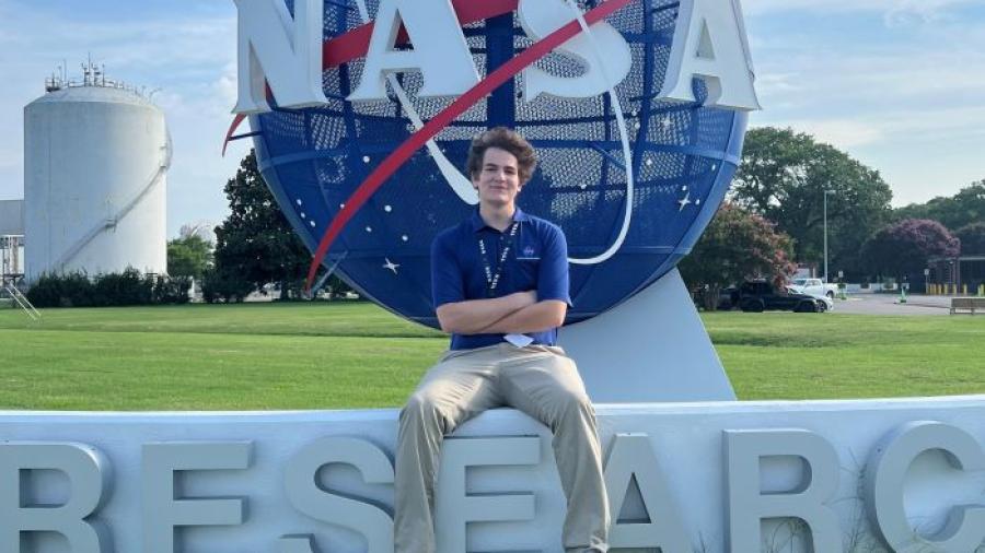 Isaac Bennett '24 is pictured outside the NASA Research Center in Langley, Virginia where he recently completed the NASA Community College Aerospace Scholars program.