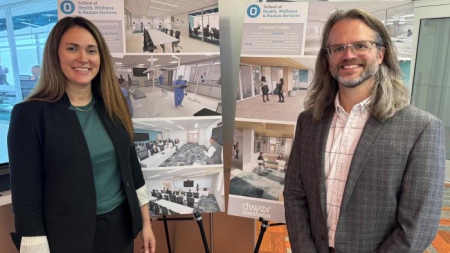 OCC Alumni Cassie Raymond '06 (left) and Curt Henry '17 (right) of Dwyer Architectural are helping design the learning spaces of the future in the School of Health, Wellness & Human Services in Ferrante Hall.