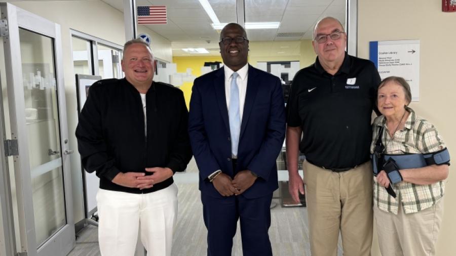 Celebrating 50 years serving Student Veterans are (L to R) U.S. Navy Rear Admiral Josh Jackson, OCC President Warren Hilton, Steve White of the Office of Veterans and Military Services, and Nancy Hazzard, OCC's first Coordinator of Veterans Affairs.