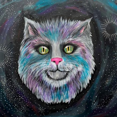 This acrylic on canvas titled "Cosmic Feline Dreams" is the work of OCC's Erin Woods.