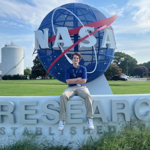 Isaac Bennett '24 is pictured outside the NASA Research Center in Langley, Virginia where he recently completed the NASA Community College Aerospace Scholars program.