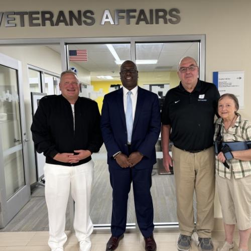 Celebrating 50 years serving Student Veterans are (L to R) U.S. Navy Rear Admiral Josh Jackson, OCC President Warren Hilton, Steve White of the Office of Veterans and Military Services, and Nancy Hazzard, OCC's first Coordinator of Veterans Affairs.