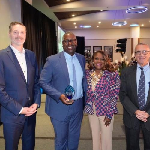 Left to right: CenterState CEO's Rob Simpson, OCC President Dr. Warren Hilton, Wegman's Evelyn Ingram, and OCC Board of Trustees Chair John Sindoni.