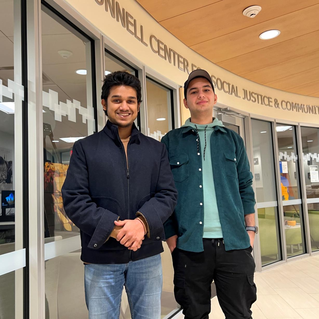 Social Justice Scholars Noor Noor (left) and Salih Kaleel (right) are pictured outside the Meg O'Connell Center for Social Justice and Community Impact in Coulter Hall. Social Justice Scholars Noor Noor (left) and Salih Kaleel (right) are pictured outside the Meg O'Connell Center for Social Justice and Community Impact in Coulter Hall.