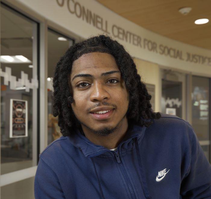 Jaedin Feimster is a New York City native who has improved his grades each semester as he's become more involved in campus life. He will complete his Humanities & Social Sciences degree in May. Jaedin Feimster is a New York City native who has improved his grades each semester as he's become more involved in campus life. He will complete his Humanities & Social Sciences degree in May.